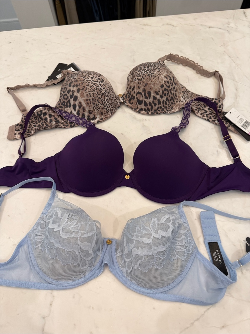 Natori 3-Pack Bra Set in Leopard, Deep Purple & Light Blue all with underwire